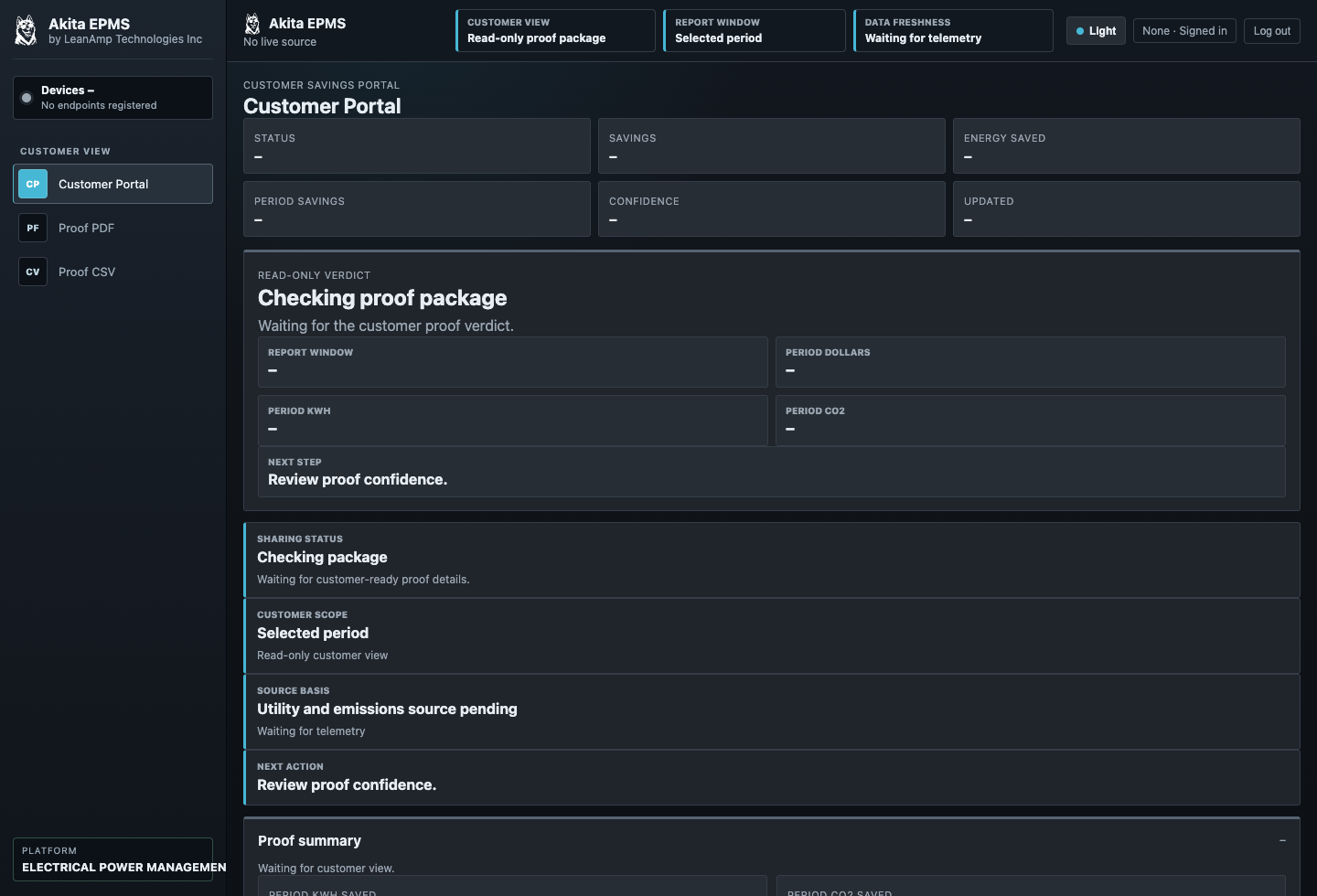 Akita EPMS customer portal for sharing project status and energy reporting.