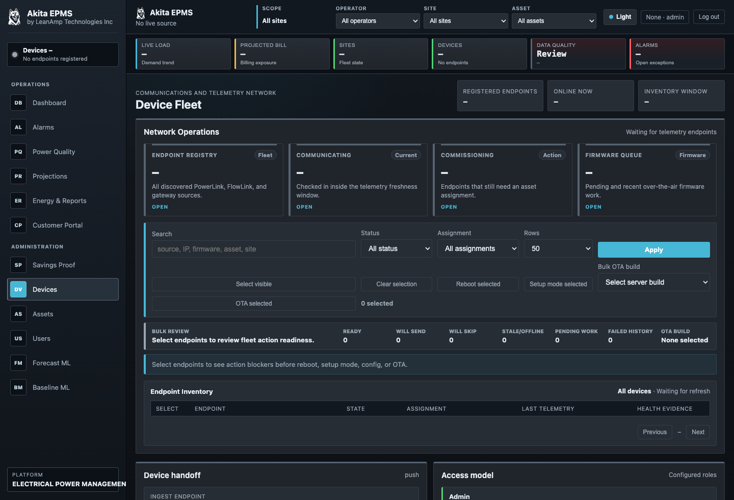Akita EPMS devices page for fleet health, endpoints, and OTA operations.